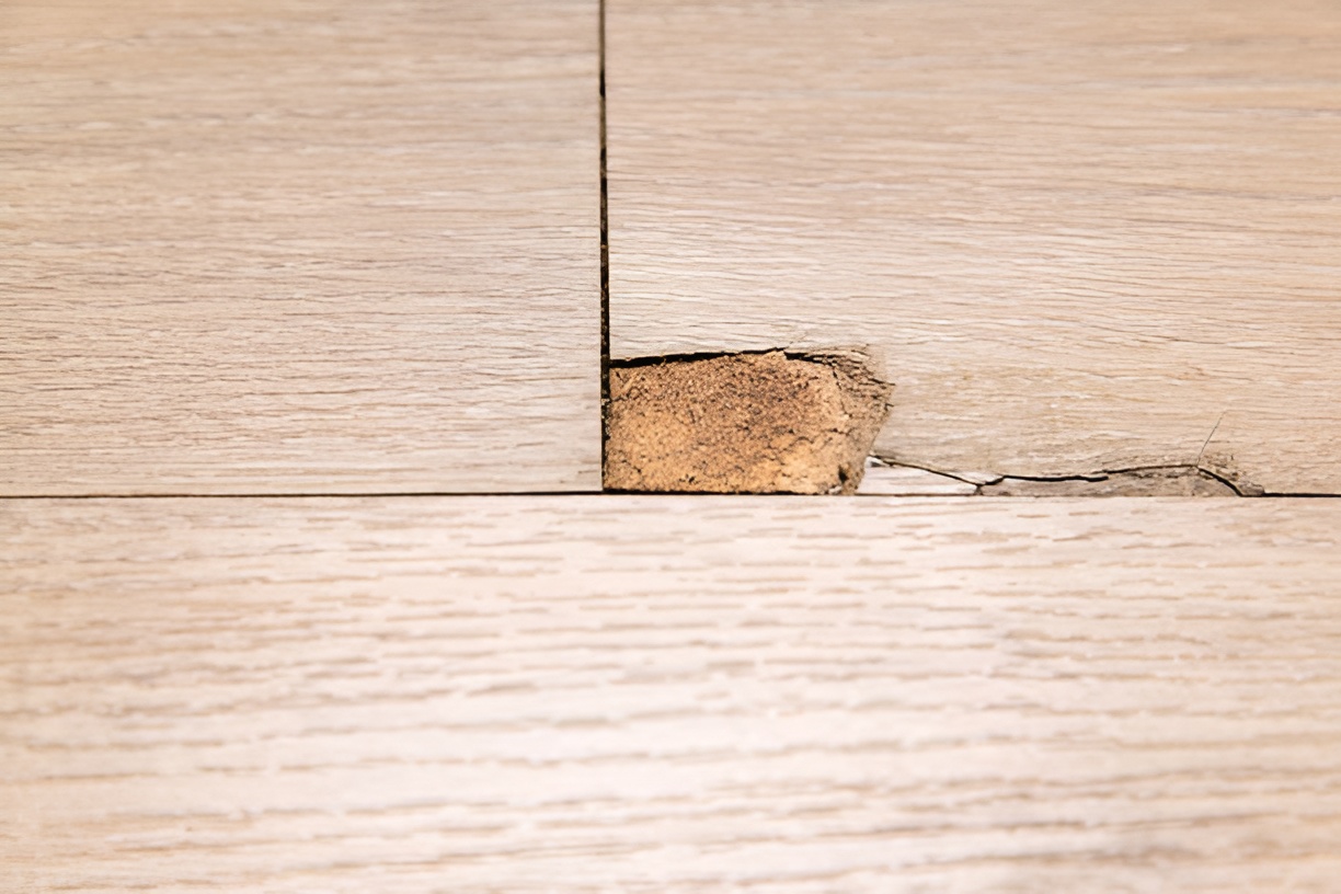 close-up of a laminate flooring crack